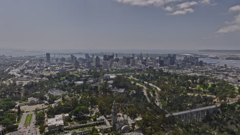 San-Diego-California-Aerial-v71-panoramic-flyover-balboa-park-includes-museums,-gardens,-cabrillo-bridge-with-downtown-cityscape-and-airport-airfield-views---Shot-with-Mavic-3-Cine---September-2022