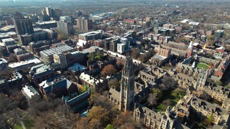 New-Haven,-Connecticut-with-a-view-of-the-Harkness-tower-and-other-Yale,-University-buildings---aerial-flyover