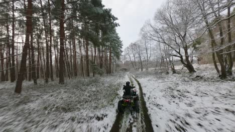 Offroad-of-atv-riders-speeding-in-middle-of-forest-in-winter-season
