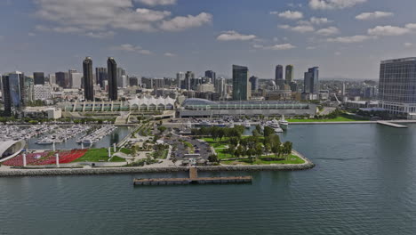 San-Diego-California-Aerial-v50-cinematic-drone-flyover-bay-capturing-embarcadero-marina-park,-busy-cruise-ship-hub,-convention-center-and-downtown-cityscape---Shot-with-Mavic-3-Cine---September-2022