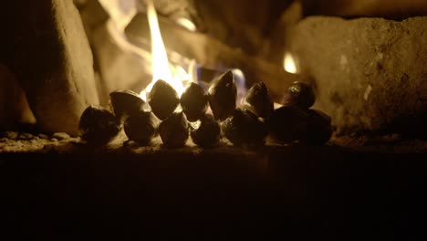 A-stack-of-freshly-foraged-mussels-slowly-cook-in-front-of-an-open-log-fire-in-an-old-fireplace