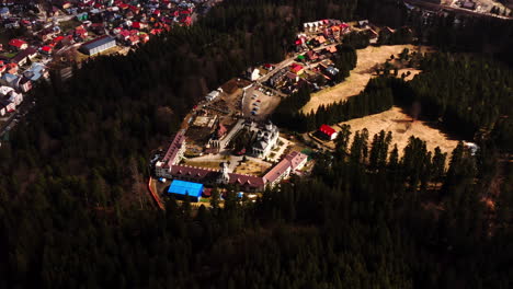 Establishing-Shot-of-The-Caraiman-Monastery,-Top-Down-View-Aerial-Drone,-Predeal