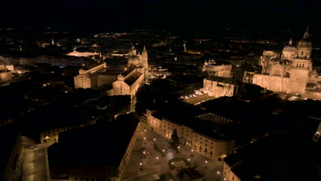 Aerial-Shot-Of-Unique-Architectural-Cathedrals-In-Salamanca-Down-Town,-Spain