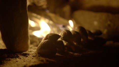 A-close-up-of-wild-foraged-mussels-slowly-cook-in-front-of-an-open-log-fire-in-an-old-fireplace