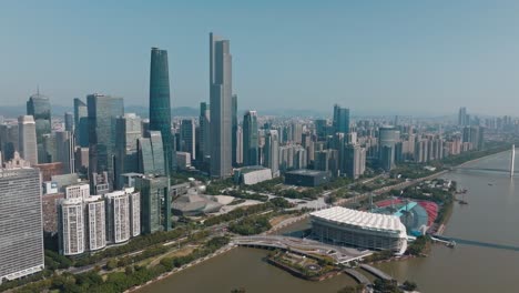 Guangzhou-Downtown-and-Haixinsha-Island-in-Tianhe-District,-aerial-view