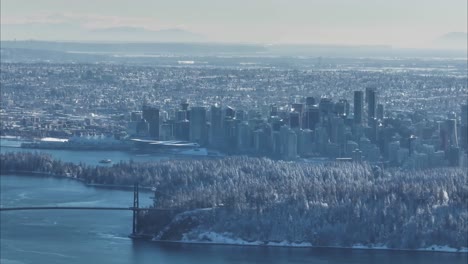 Drone-Aerial-Zoom-Reveal-of-the-Lions-Gate-Bridge-in-winter---Vancouver,-Canada