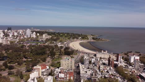 drone-flight-over-the-coastline-of-Montevideo,-the-capital-of-Uruguay-on-the-Atlantic-Ocean