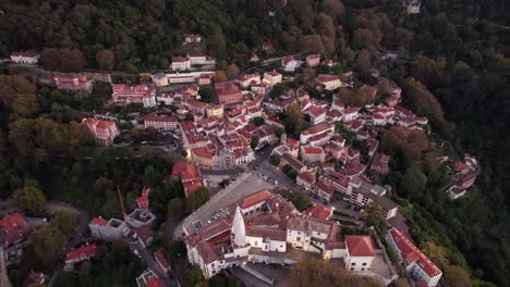 Historic-Centre-of-Sintra,-Portugal,-with-Sintra-National-Palace,-as-Seen-from-the-Moors-Castle
