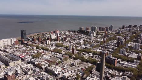 Aerial-view-of-Montevideo,-capital-of-Uruguay-with-the-Atlantic-Ocean-in-the-background