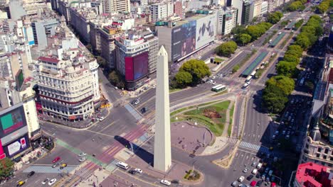 Aerial-view-of-9th-of-July-Avenue,-main-avenue-in-Buenos-Aires,-Argentina