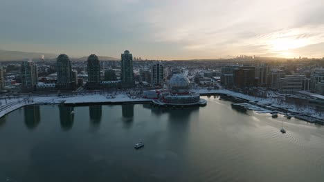 Vancouver-Science-World-ASTC-building-covered-in-winter-snow---Drone-Aerial-Sunset-Shot