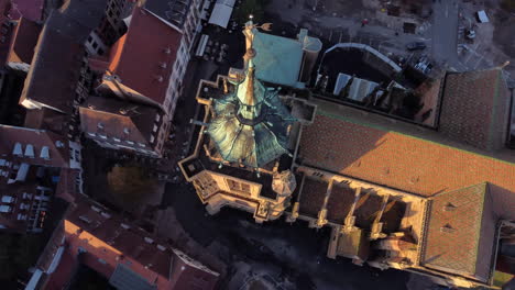 Spire-of-Saint-Martin's-Church-in-Colmar,-Aerial-High-Angle-Circling