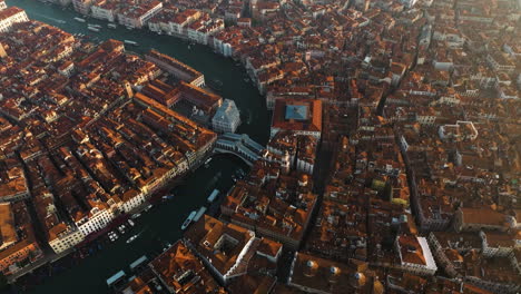 Venice-And-Its-Grand-Canal-At-Sunrise-In-Italy---aerial-drone-shot