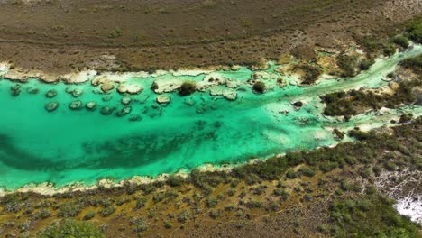 Aerial-view-of-vibrant-water-and-stromatolites-formations,-at-the-Rapidos-de-Bacalar-in-Mexico---tracking,-drone-shot