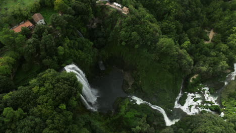 Top-Down-View-Of-The-Scenic-Marmore-Falls-In-Umbria,-Italy---drone-shot