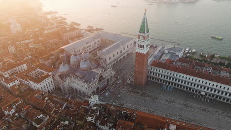 San-Marco-Square-At-Sunrise-In-Venice,-Italy---aerial-drone-shot