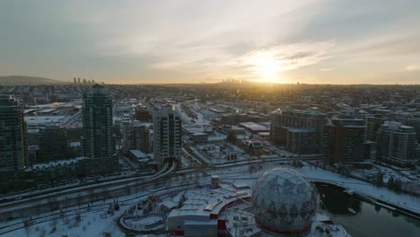 Revelación-Del-Edificio-Astc-Del-Mundo-Científico-De-Vancouver:-Toma-Aérea-De-Drones-Con-Nieve-Invernal