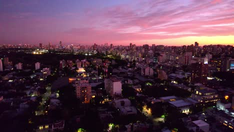 Aerial-view-establishing-the-Núñez-neighborhood,-wealthy-neighborhood-of-the-Argentine-capital,-epic-sunset-with-clouds