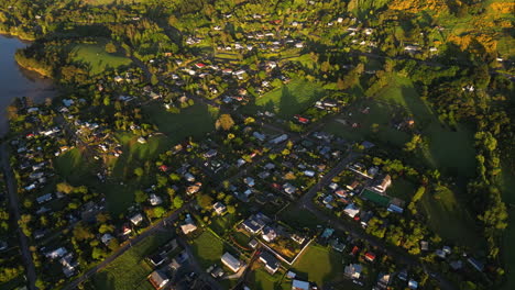 Aerial-flying-over-Warrington-Domain-during-golden-hour,-New-Zealand