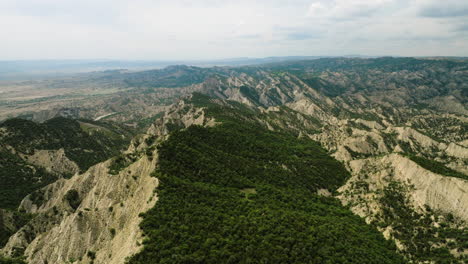 Ragged-arid-hilly-landscape-with-tree-vegetation,-Vashlovani,-Georgia