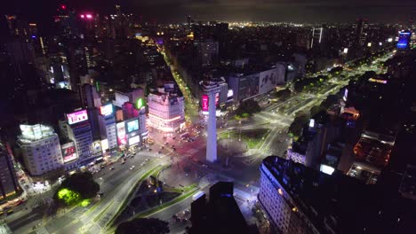 Epic-aerial-view-of-downtown-Buenos-Aires,-Obelisco-with-9-de-Julio-Avenue,-advertisements-and-high-traffic-flow