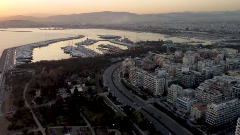 Aerial-View-of-Flisvos-Marina,-Palaio-Faliro,-Athens,-Greece-After-Sunset