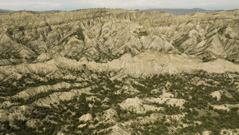 Arid-sandstone-canyon-with-ragged-hills-and-bushes-in-Georgia