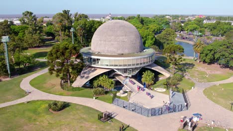 Close-aerial-view-of-the-spherical-architecture-building-of-the-Galileo-Galilei-planetarium-building-in-Buenos-Aires,-Argentina