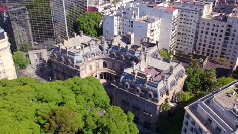 Aerial-orbit-of-the-San-Martin-Palace-on-a-sunny-day,-beautiful-architecture-representative-of-the-city-of-Buenos-Aires,-Argentina-in-the-Retiro-neighborhood