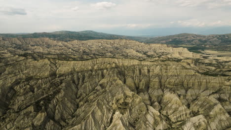 Rocky-canyon-with-eroded-ravines-and-hills-in-Vashlovani,-Georgia