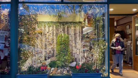 Glitzernde-Weihnachtsdekoration-Im-Glasgehäuse-Vor-Einem-Geschäft-In-Ashland,-Oregon,-Usa