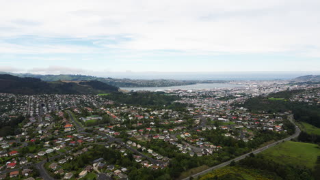 North-part-of-Dunedin-town-in-New-Zealand,-aerial-establishing-view