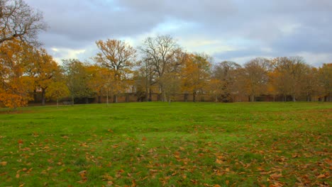 Pan-shot-Greenwich-park-during-fall-season-in-London,-UK-on-a-cloudy-day