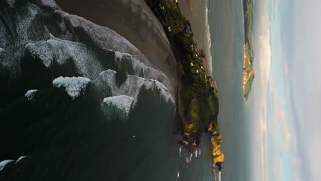 Huriawa-peninsula-and-Karitane-beach,-Pacific-coast-of-South-Island-New-Zealand,-aerial-vertical