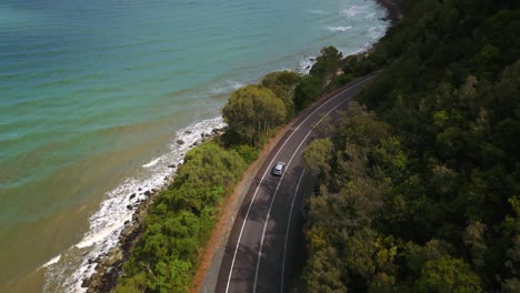 Drone-aerial-bird-view-of-modern-silver-car-driving-on-road-along-the-seaside-coast-with-sandy-beach-and-lush-green-tree-forest-and-blue-sea-waves-in-4K