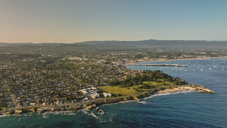 Santa-Cruz-California-Aerial-v4-idyllic-sunset-view,-cinematic-drone-flyover-lighthouse-field-state-beach-capturing-charming-seaside-town---Shot-with-Mavic-3-Cine---May-2022