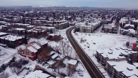 Drone-shot-of-the-community-in-Calgary-covered-with-snow