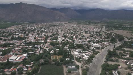 Cafayate-Town-and-Vineyards,-Aerial-View-Salta-Argentina,-Wine-Production-Region-in-South-America-Andean-Cordillera-Mountain-Range,-Panoramic-Scenic-Shot