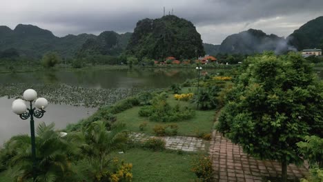 Amazing-aerial-of-impressive-green-nature-in-Nin-Bihn,-Vietnam