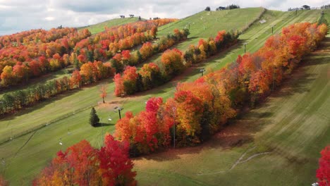 Aerial-shot-of-ski-slope-without-snow-on-it-during-fall-with-colourful-trees-and-grass