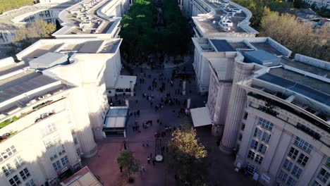 Aerial-view-of-the-crowded-streets-in-Antigone,-Montpellier,-France
