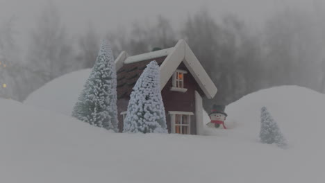 Christmas-postcard,-dreamlike-Christmas-house-and-snowman
