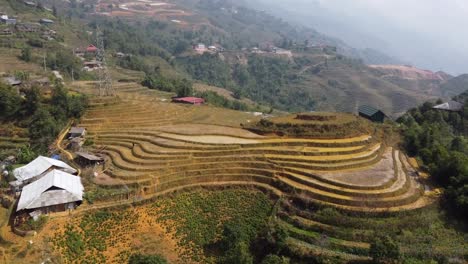 Aerial-orbiting-over-Traditional-Rice-plantation-terraces-from-Sapa-Valley,-Vietnam