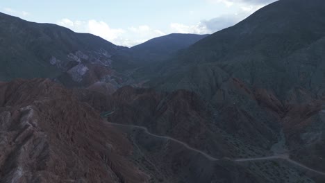 Quebrada-de-Las-Conchas-Cafatayte,-Aerial-Drone-Above-Rock-Formations-Colorful-Sandstone-Landscape,-Salta-Mountain-Route,-Argentina-Travel-and-Tourism