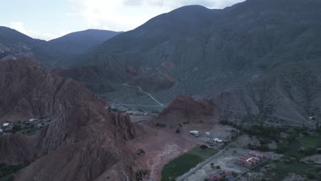 Purmamarca,-Jujuy,-Argentina,-Aerial-View-Above-Seven-Color-Mountain-Formation,-Route-Between-South-American-Quebrada,-Humahuaca,-Scenic-Hills