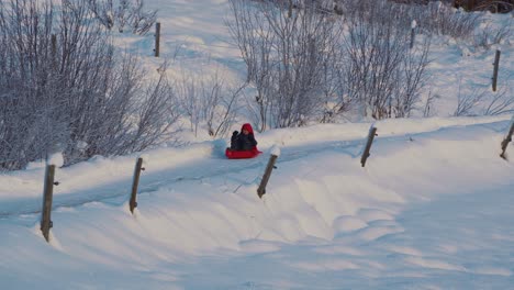 Tracking-shot-of-young-boy-in-sled-sledging-down-snowy-road-in-winter-during-sunny-day