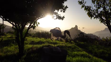 Beautiful-Mountain-Sunset-from-garden-with-stork-sculpture-and-view-of-Roque-Bentayga-on-Gran-Canaria-close-to-Tejeda