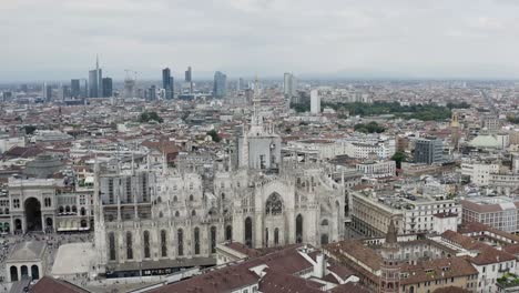 Milan-city-skyline-and-majestic-Cathedral-building,-aerial-drone-view