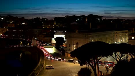 Night-time-traffic-jam-after-sunset-in-Rome,-Italy