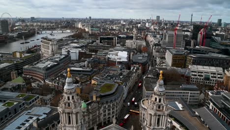 Looking-down-from-the-top-of-St-Paul's-Cathedral-towards-the-City-of-London,-The-Thames-and-the-London-Eye,-London,-United-Kingdom